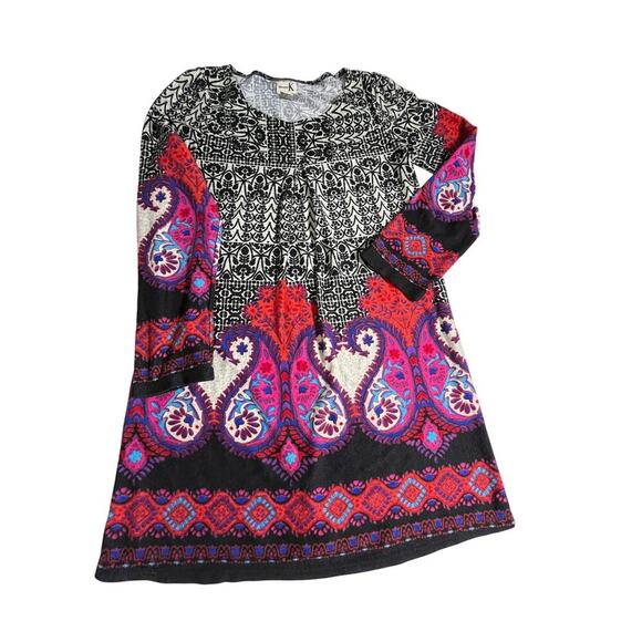 Y2K Boho Paisley Tunic Dress L Black Red Purple Long Sleeve Empire Waist Retro - Picture 6 of 11